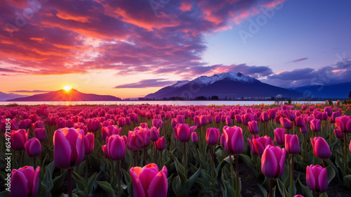 the sunset lights the scene of a colorful field of tulips