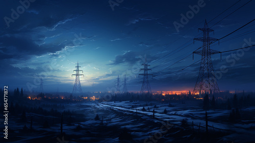 electricity towers and electrical poles in the night background