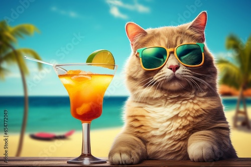 Funny cat drinking cocktails at the bar. Beach ocean view. Summer vacation, holidays concept. Generative AI 