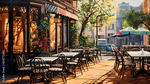 A painting of a restaurant with tables © franklin