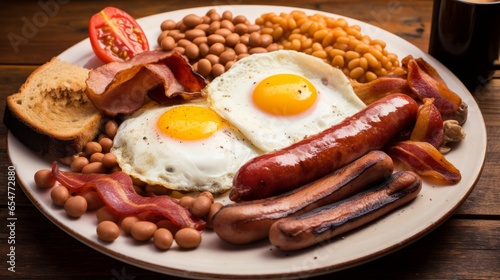 English Breakfast with two eggs  sausage  bacon  toasts and vegetables  red beans on a black plate top view isolated on white background