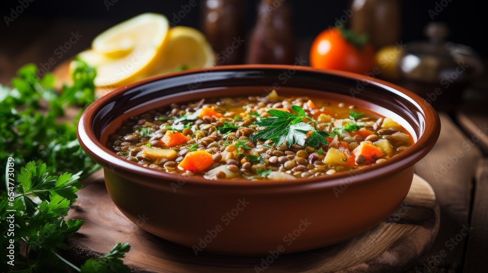 Homemade vegan lentil soup with vegetables and cilantro, white wooden background, top view. Indian vegetarian cuisine. Homemade vegan lentil soup with vegetables and cilantro, white wooden background, top view. Indian vegetarian cuisine.