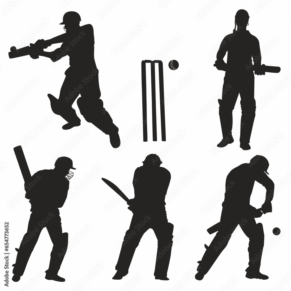 Silhouettes of Cricket players. Batsman hitting different shot in various tournament and leagues. Bats, gloves, stump, cricket ball, pads, abdomen guard. World cup, T20 league, Test match.  - obrazy, fototapety, plakaty 
