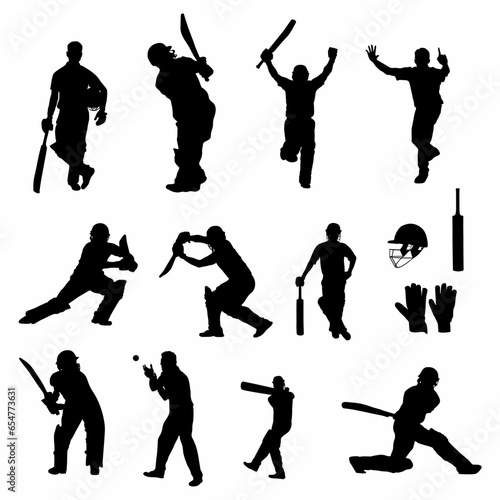 Silhouettes of Cricket players. Batsman hitting different shot in various tournament and leagues. Bats, gloves, stump, cricket ball, pads, abdomen guard. World cup, T20 league, Test match. 
