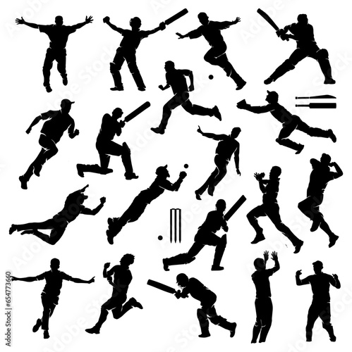 Silhouette of cricket player collection. Batting, bowling, fielding and catching action of cricket player. 