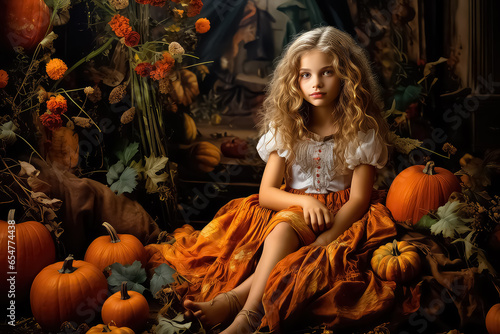 A young girl sitting on a pumpkin, surrounded by decorative pumpkins and leaves.