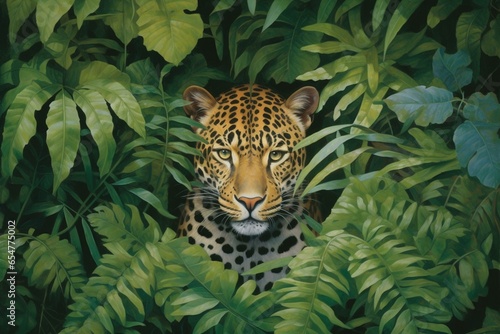 Leopard in lush foliage. Generative AI