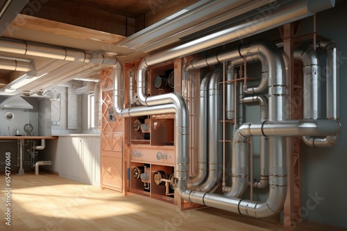 Home geothermal HVAC system, showing ductwork and vents. Generative AI photo