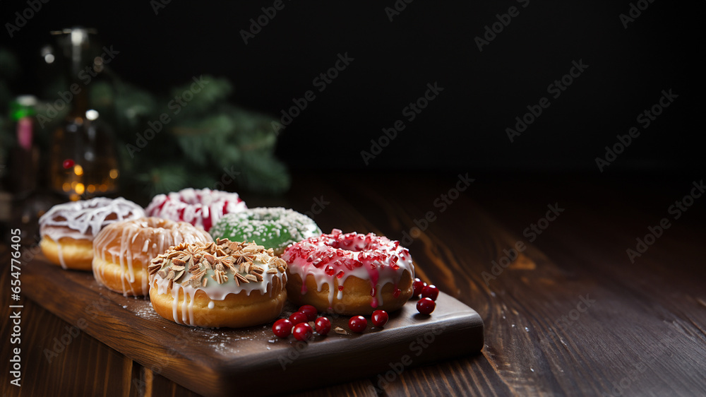 Super Leckere Donut mit bunter Glasur zum Fasching und Geburtstag in grandioser dekoration angerichtet Querformat, ai generativ 