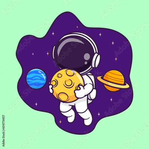 Cute Astronaut Floating In Space With Planet And Holding 
Moon Cartoon Vector Icon Illustration. Science Technology
Icon Concept Isolated Premium Vector. Flat Cartoon Style