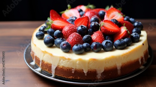 Cheesecake with strawberry sauce and blueberries. Dessert. On a dark background, close-up.