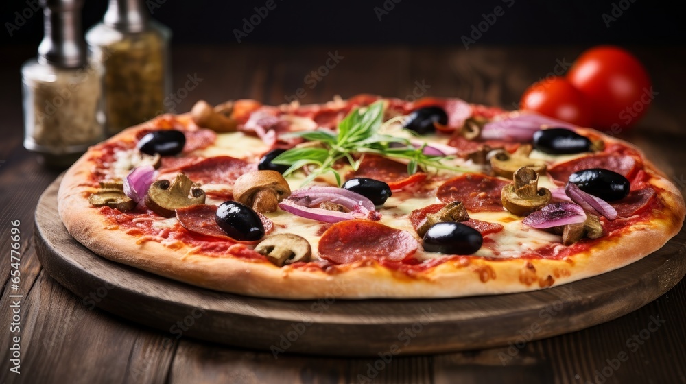Close-up view of ITALIAN PIZZA on wooden table. True hot tasty PIZZA with salami, mushrooms, basil, olives, pepper and cheese. Nice for menu Pizzeria. High quality Close-up view of ITALIAN PIZZA on wooden table. True hot tasty PIZZA with salami, mushrooms, basil, olives, pepper and cheese. Nice for menu Pizzeria. High quality