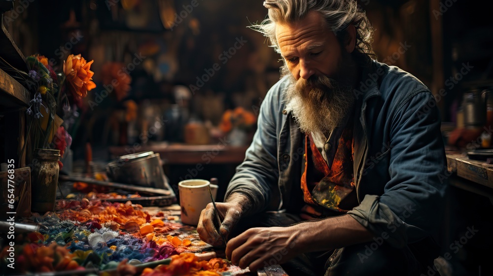 A passionate artist in a messy studio, surrounded by colorful canvases, paintbrushes, and art supplies, creating a masterpiece with vibrant strokes of paint.