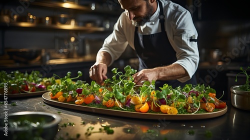 A skilled chef meticulously garnishing a gourmet dish with fresh herbs and spices in a high-end restaurant kitchen.