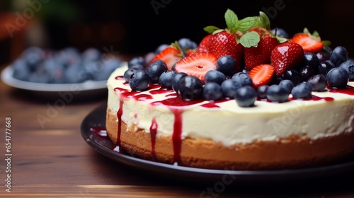 Homemade cheesecake with fresh berries and mint for dessert - healthy organic summer dessert pie cheesecake. Cheese cake