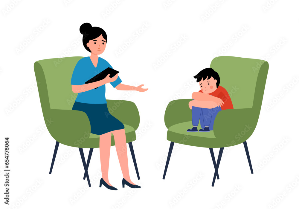 Fototapeta premium Woman psychiatrist talking to child patient. Psychological help. Children counseling.