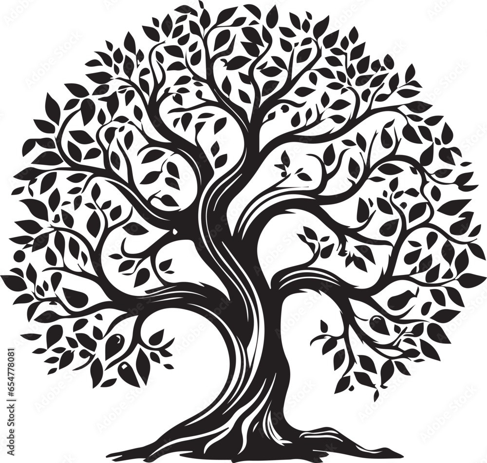 Obraz premium Tree with roots silhouette. Black and white tree silhouette for corporate or personal use. Simple tree vector. Tree with roots vector. Tree with leaves silhouette.