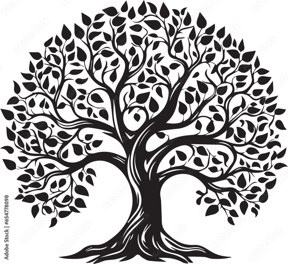 Obraz premium Tree with roots silhouette. Black and white tree silhouette for corporate or personal use. Simple tree vector. Tree with roots vector. Tree with leaves silhouette.