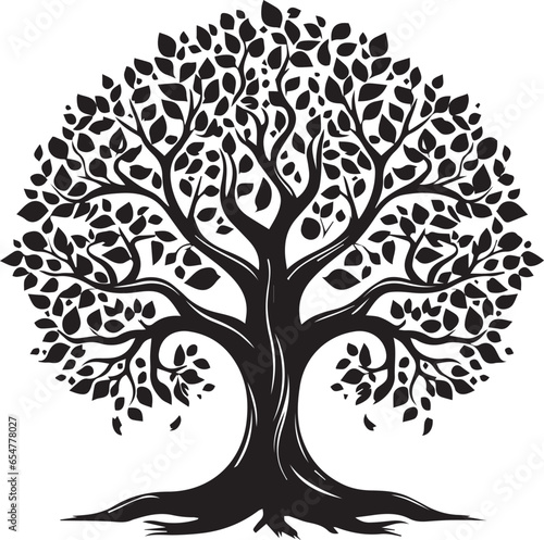 Tree with roots silhouette. Black and white tree silhouette for corporate or personal use. Simple tree vector. Tree with roots vector. Tree with leaves silhouette.
