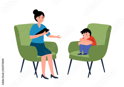Woman psychiatrist talking to child patient. Psychological help. Children counseling.