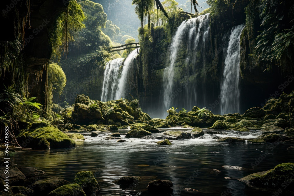 Fototapeta premium A breathtaking view of a majestic waterfall cascading down a rocky cliff in a lush rainforest