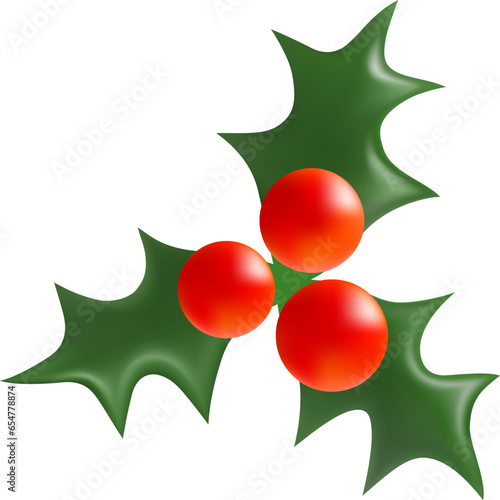 Holly Sprig. 3d icon of holly twig with three green leaves and red berries isolated on white. Xmas symbol. Cartoon Design Element for Christmas and New Year Holidays. Stock 3D Vector illustration