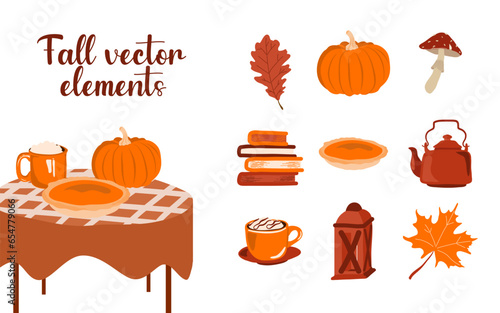 Automne cosy, ensemble d’éléments vectoriels de saison tons chauds orange marron, tarte a la citrouille et chocolat chaud feuille et champignon