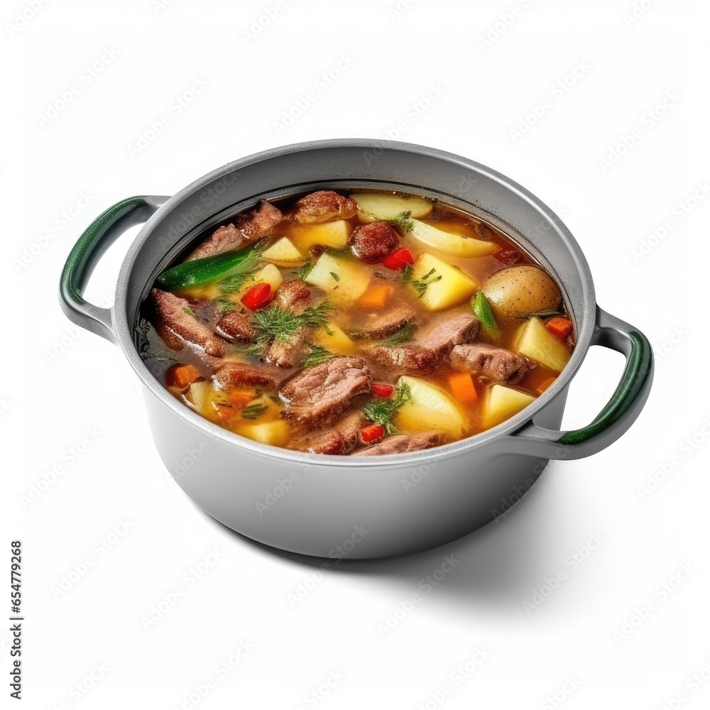 Pot of soup with meat and vegetables Isolated on White Background Pot of soup with meat and vegetables Isolated on White Background