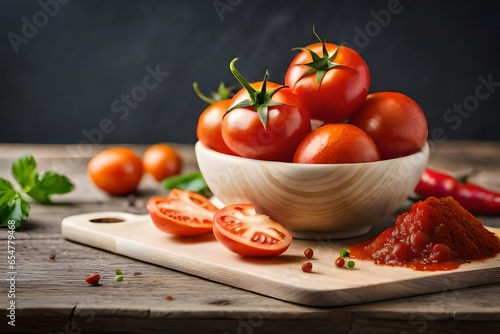 tomatoes and basil on wooden table