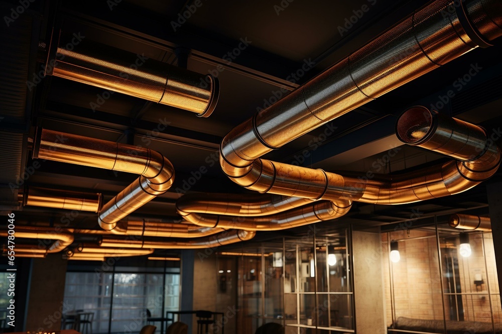 Tubes hanging from the ceiling store and condition air for ventilation, cooling, and maintaining a comfortable indoor environment. Generative AI - obrazy, fototapety, plakaty 