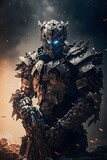 futuristic soldier wearing scrap metal armour and using a chainsaw covered with magical energy junkyard background tons of rusted machinery destroyed buildings magical fantasy epic scene god rays 