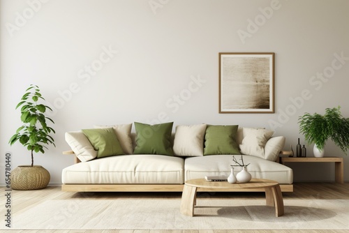 Minimalist Scandinavian living room with beige walls, wooden accents, simple white sofa, and green pillows. 3D render. Generative AI