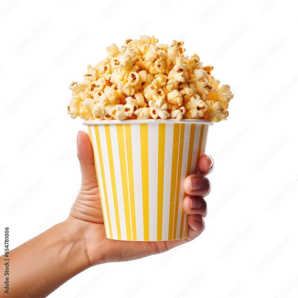 Hand holding bucket of popcorn Isolated on White Background Hand holding bucket of popcorn Isolated on White Background
