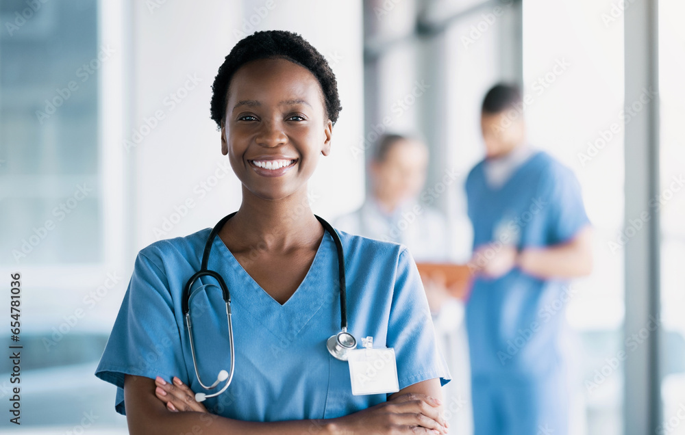 Smile, nurse and portrait of black woman with arms crossed in hospital for healthcare, wellness and nursing career. Face of happy African surgeon, confident medical professional worker and employee - obrazy, fototapety, plakaty 