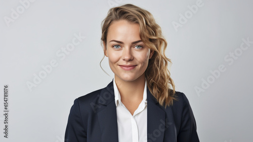 portrait of a 30 year old businesswoman looking forward with an optimistic expression, clean skin, without wrinkles, wearing formal work clothes, with a clipboard in her hand, white background