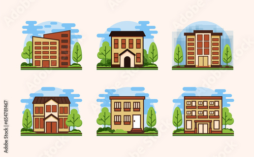 Fototapeta Naklejka Na Ścianę i Meble -  Set of buildings and trees in flat design style. Vector illustration.