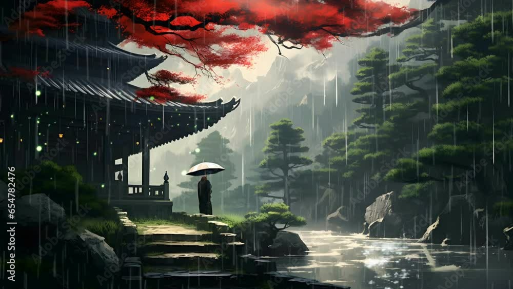 Fantasy rain landscape on Japanese anime drawing style. Rainy season looping 4k animation video