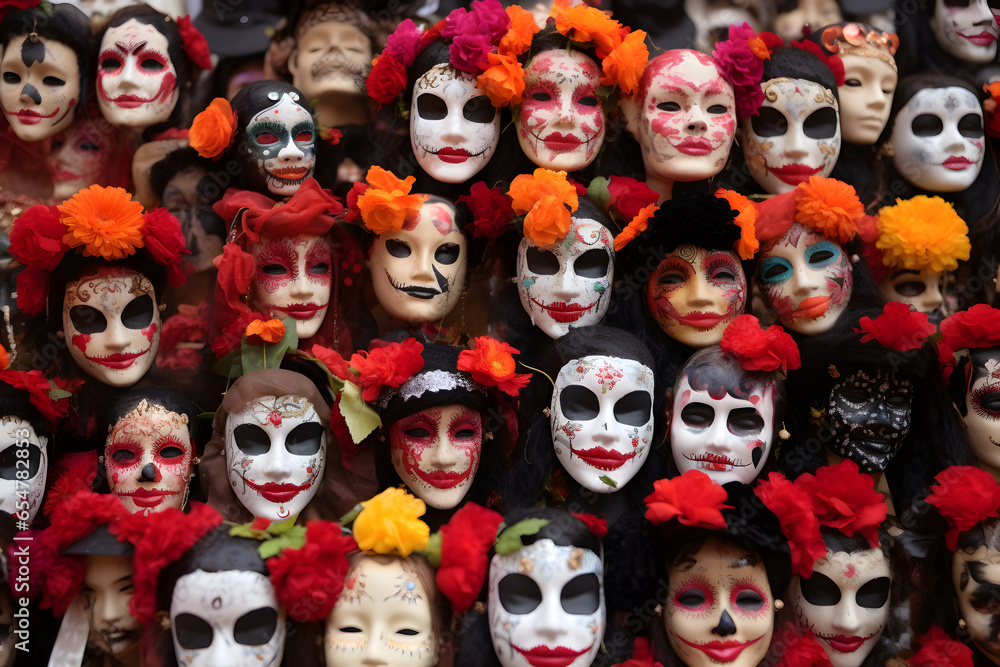 Death masks in Mexican holiday Dia de los Muertos Death masks in Mexican holiday Dia de los Muertos