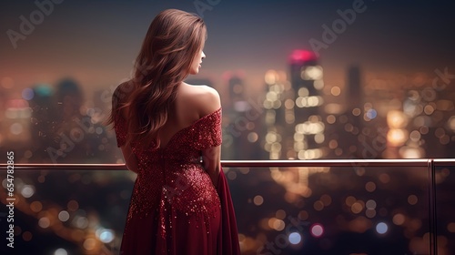 White woman with long brown hair in luxury red dress looking at beautiful night cityscape from balcony at party. Night view of city from balcony.