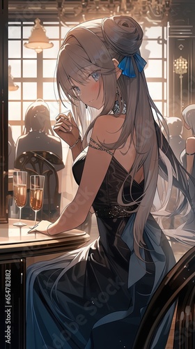 Elegant lady at bar drinking champagne in anime style.