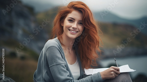 a smiling woman with red hair sitting on a gray background holding in her hand a laptop keyboard, in the style of classicist portraiture, light beige and indigo, jean restout the younger, omri koresh, photo