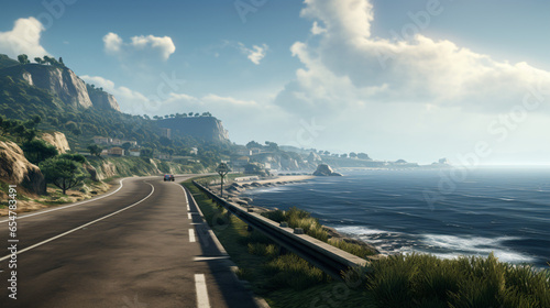 A scenic view of the ocean and a highway