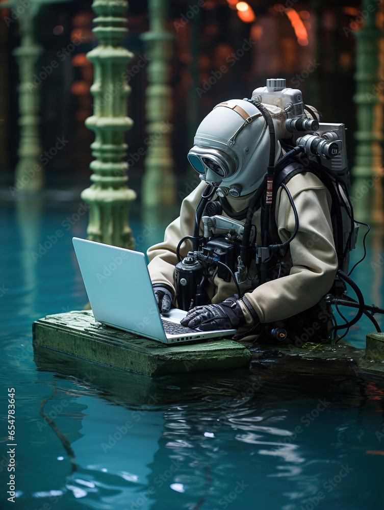 Digital Depths: Man in Divesuit Working on Laptop Underwater