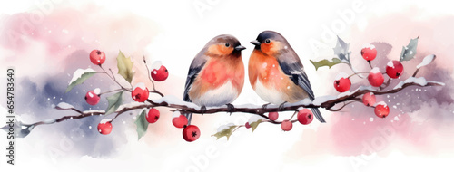 Watercolor Christmas card with bullfinches on a branch with red berries. Generated AI