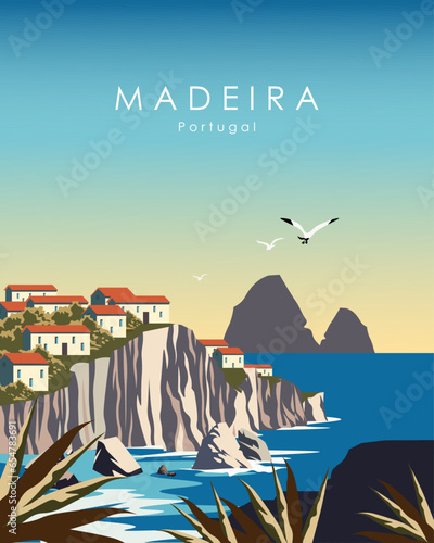 Madeira Portugal travel poster banner postcard.