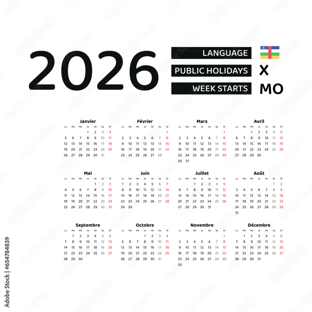 Central African Republic Calendar 2026. Week starts from Monday. Vector graphic design. French language.
