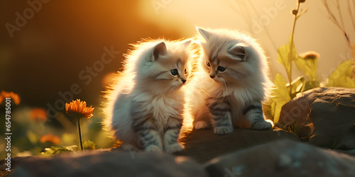 Couple of cats sitting on top of a lush green field, Two cats in the grass, Adorable Kitty Cat in flower garden with beautiful sunset light, AI Generated photo