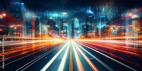 Smart digital city with high speed light trail of cars of digital data transfer, Fast light lines, speed of speed of colorful light trails, Abstract Motion Speed Lights , generative Ai