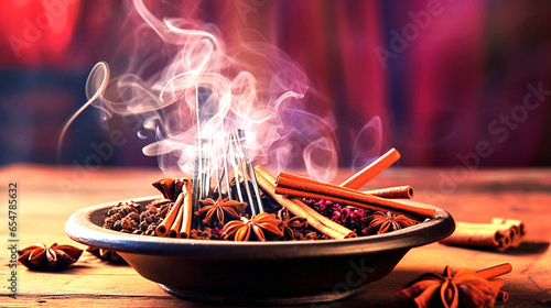 Extended Incense sticks on a stand burn with smoke