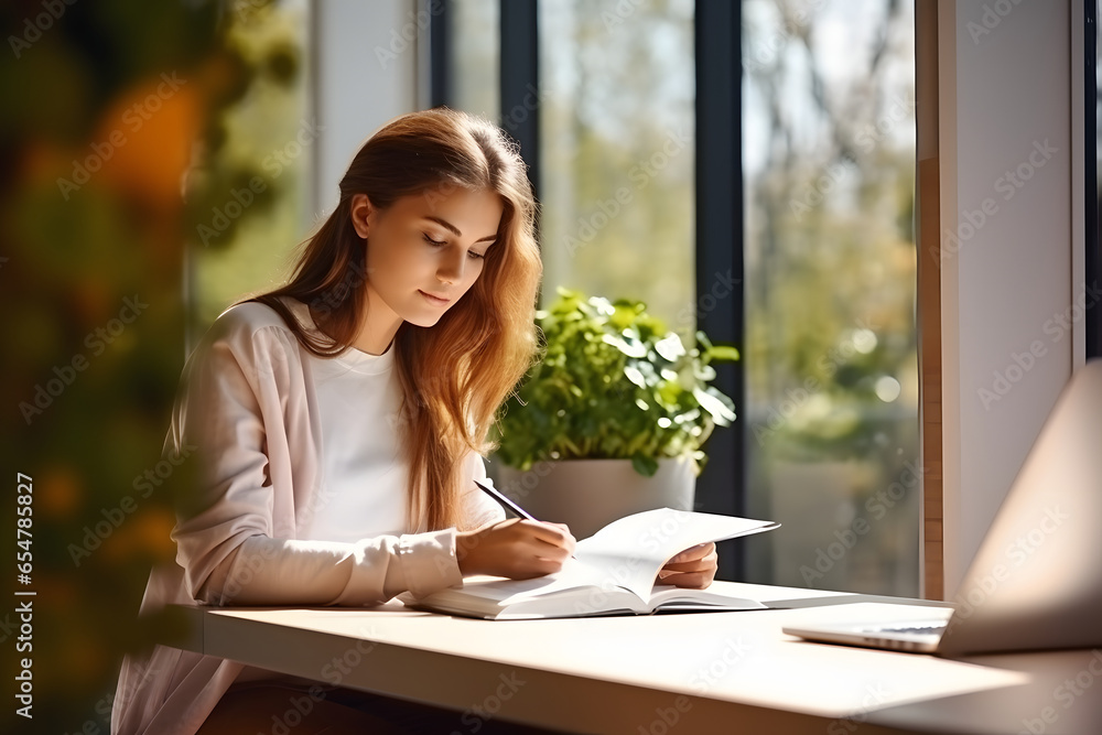 Pretty young redhead teacher working make notes in notebook, sitting at the table near the window Pretty young redhead teacher working make notes in notebook, sitting at the table near the window
